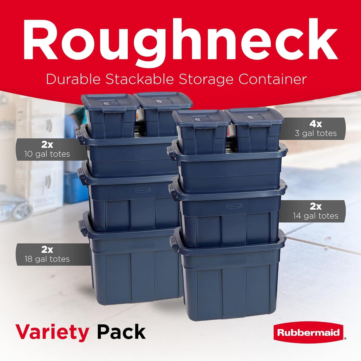 Rubbermaid Roughneck Tote - Durable Dark Indigo Metallic Storage Tote with Lid & Handles | Pack of 10