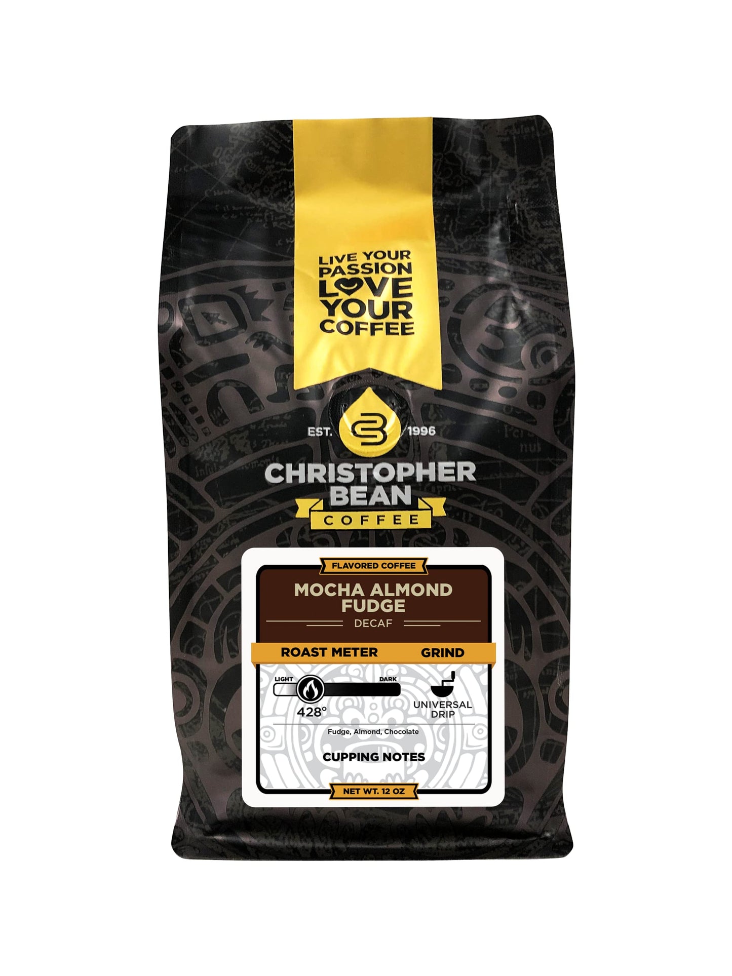 Christopher Bean Coffee Decaf Coffee Ground - Mocha Almond Fudge Flavored Coffee, Decaffeinated Coffee w/Non-GMO Flavoring, Arabica Coffee Beans, Makes 30 Cups, Non-Dairy & Sugar-Free, 12 oz