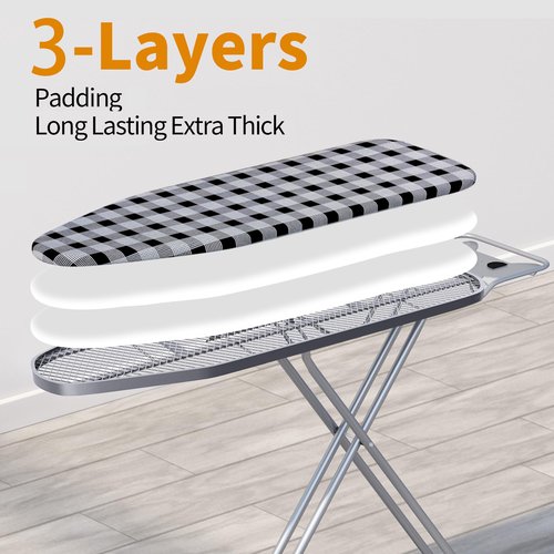 Jakeefud Ironing Board 13" X 43" W/Extra Thick Heavy Duty Padded Cover, Height Adjustable,Heat & Scorch Resistant Fabric, Anti-Skid Feet, Extra Wide, Easy to Fold Checkered Gray
