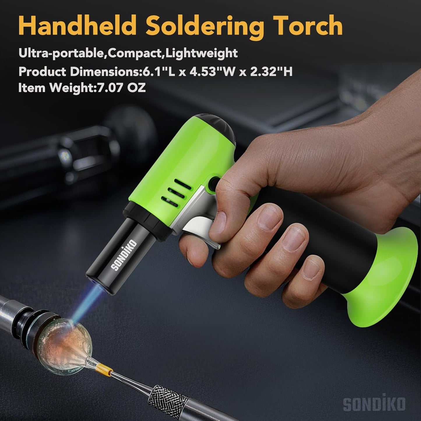 Sondiko Butane Torch - Refillable Soldering Lighter with Adjustable Flame | Fuel Gauge, Green & Black