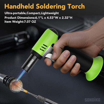 Sondiko Butane Torch - Refillable Soldering Lighter with Adjustable Flame | Fuel Gauge, Green & Black