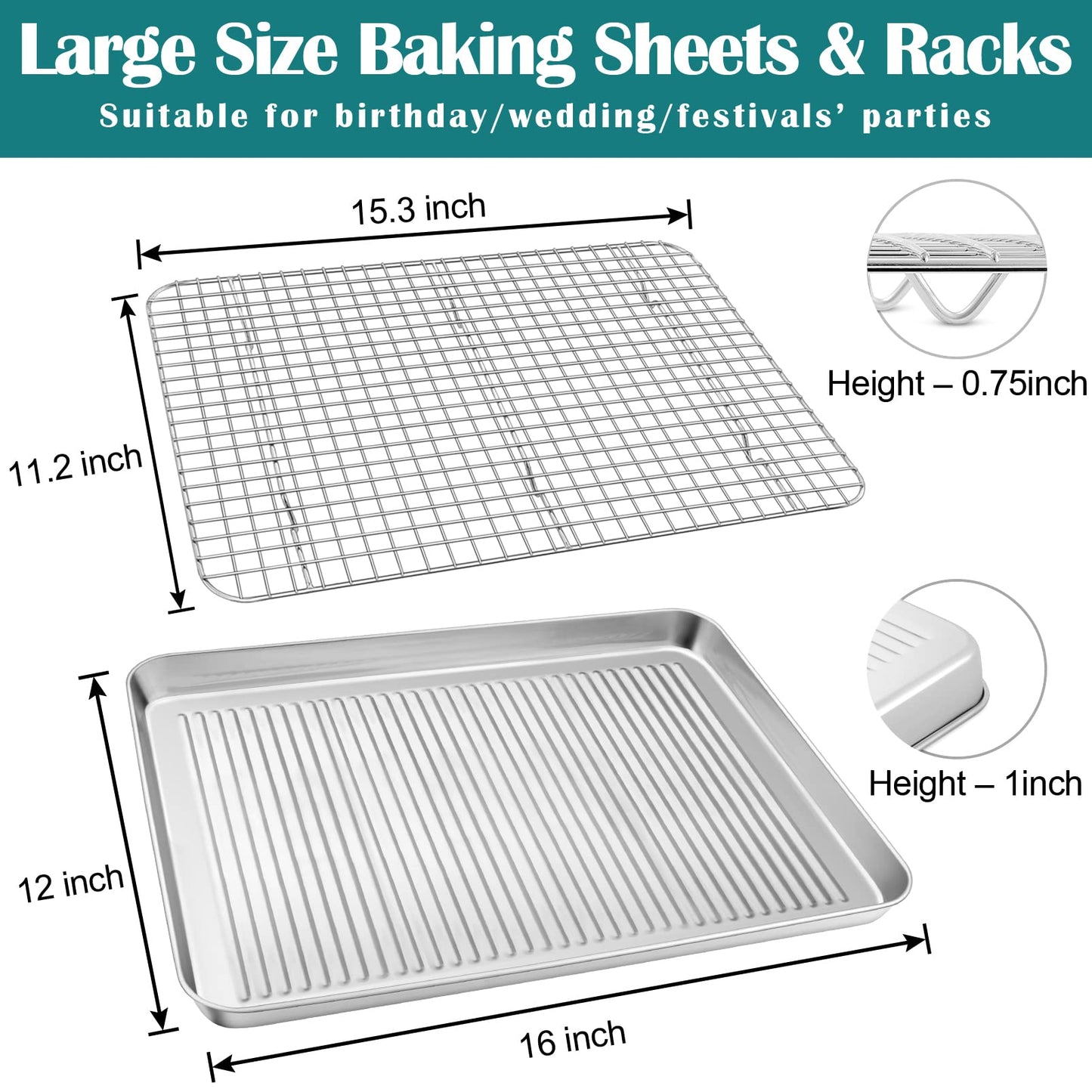 TeamFar Baking Sheet and Cooling Rack Set, 16 x 12 x 1 inch Stainless Steel Baking Pan Cookie Sheet with Grid Rack for Kitchen Cooking Roasting, Healthy & Non-toxic, Dishwasher Safe (2 Pans+2 Racks)