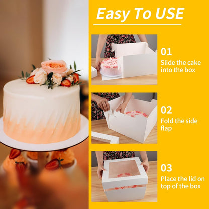 WINKIO 12-Inch Cake Boxes - Disposable Cake Transport Containers with Large Window | 4-Pack, White
