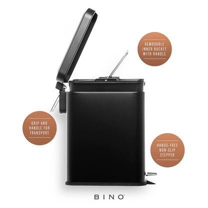 BINO Rectangular Step Trash Can - 1.3 Gallon Stainless Steel with Lid | Matte Black Kitchen & Bathroom Garbage Can