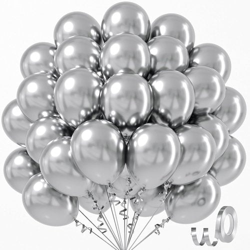 Awenztech Metallic Silver Balloons - 12 Inch Chrome Latex Balloons | 50pcs for Weddings, Graduations & Parties