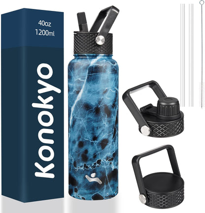 Skiennix 40oz Insulated Stainless Steel Water Bottle - Marble Ocean Finish with 3 Lids
