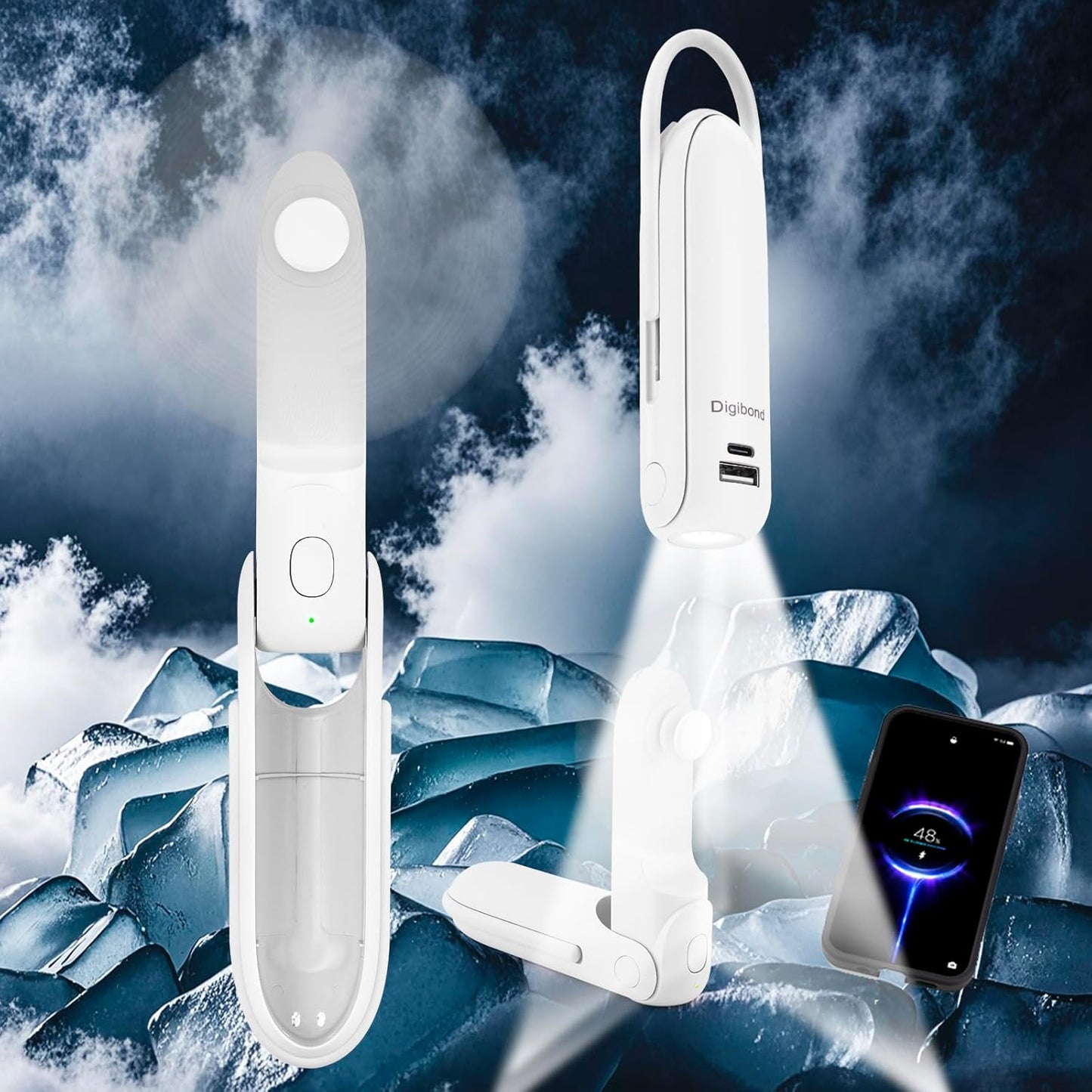 Skiennix Portable Handheld Fan - 6-in-1 Rechargeable Mini Fan with Flashlight & 3 Speeds | White