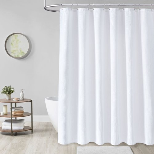 Dynamene Extra Long Fabric Shower Curtain - Waffle Weave 84 Inches Long Heavy Duty Cloth Shower Curtains for Bathroom, 256GSM Tall Hotel Luxury Bath Curtain Set with 12 Plastic Hooks(72Wx84H, White