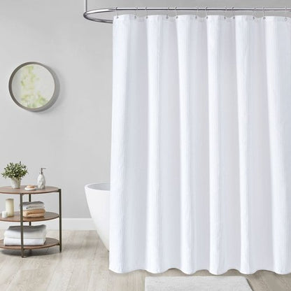 Dynamene Extra Long Fabric Shower Curtain - Waffle Weave 84 Inches Long Heavy Duty Cloth Shower Curtains for Bathroom, 256GSM Tall Hotel Luxury Bath Curtain Set with 12 Plastic Hooks(72Wx84H, White