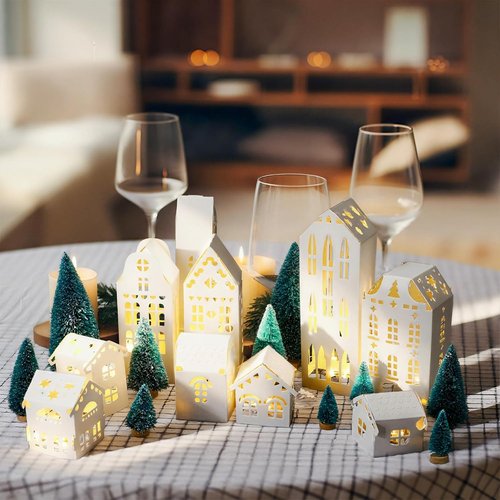 Chunful 20 Pack Christmas Village Houses Set - White Winter Decor with Lights & Trees for Holiday Scenes