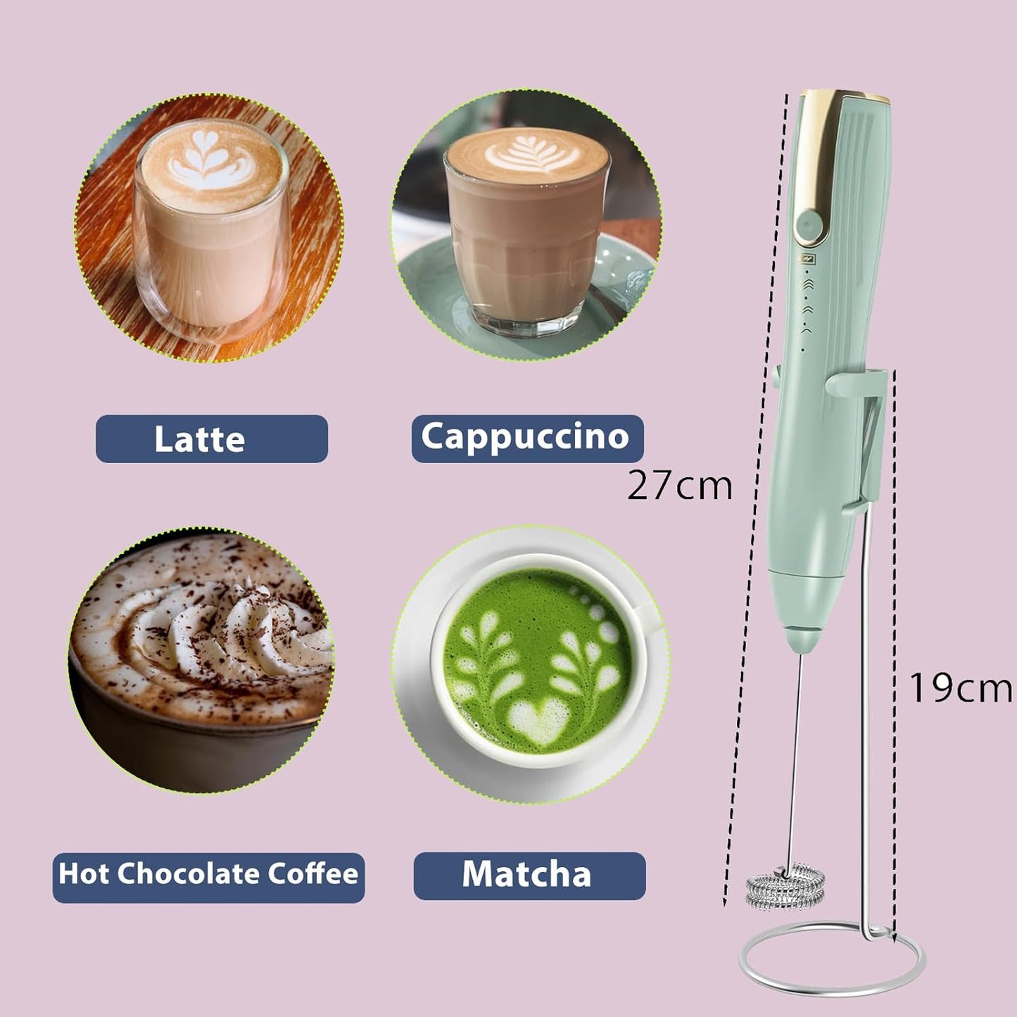 Skiennix Rechargeable Milk Frother - Handheld Coffee Foam Mixer with Stand & Detachable Whisk - Green