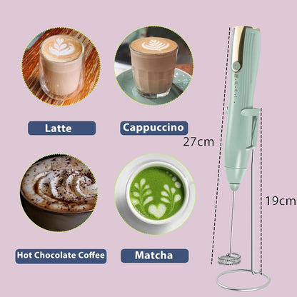 Skiennix Rechargeable Milk Frother - Handheld Coffee Foam Mixer with Stand & Detachable Whisk - Green