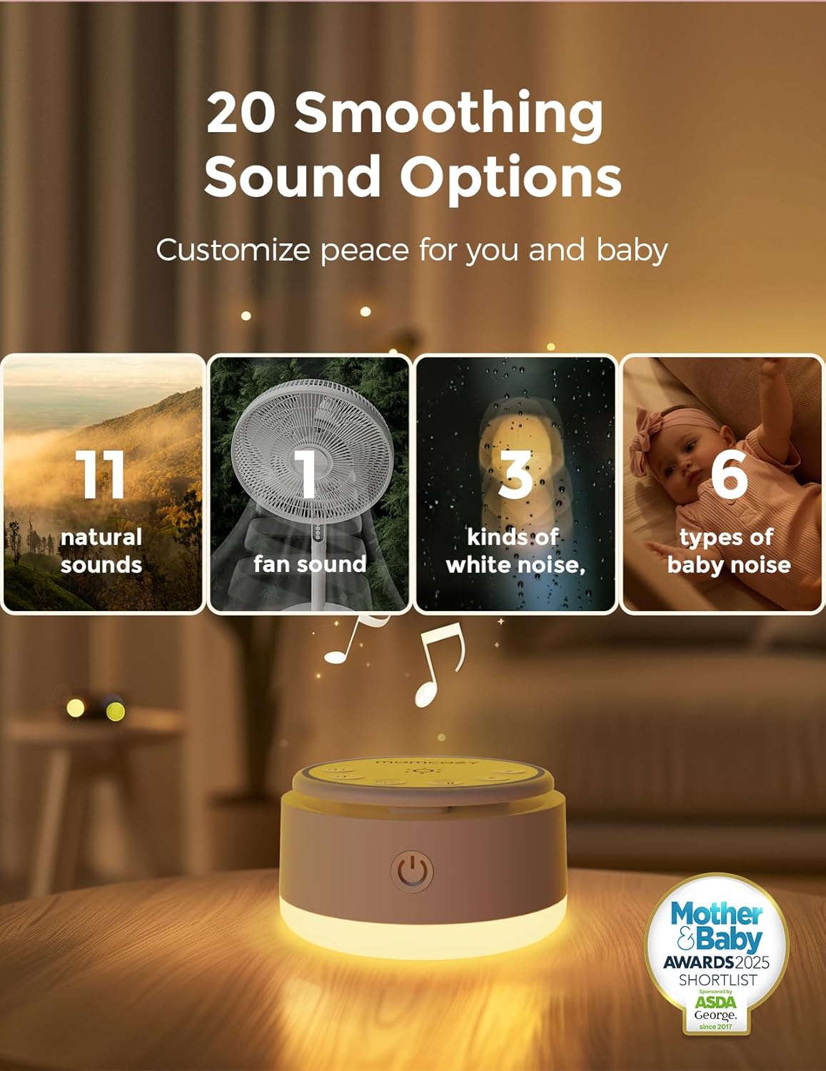 Momcozy Sound Machine - 20 Soothing Sounds with Touch Warm Light | Portable White Noise for Kids & Adults
