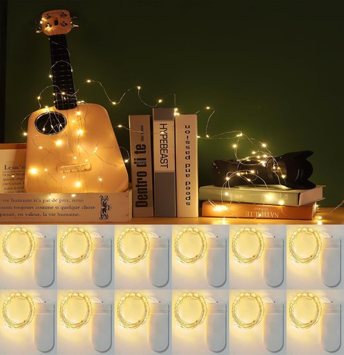Fairy Lights 12-Pack | Battery Operated Warm White LED String Lights - 7ft Copper Wire, Waterproof