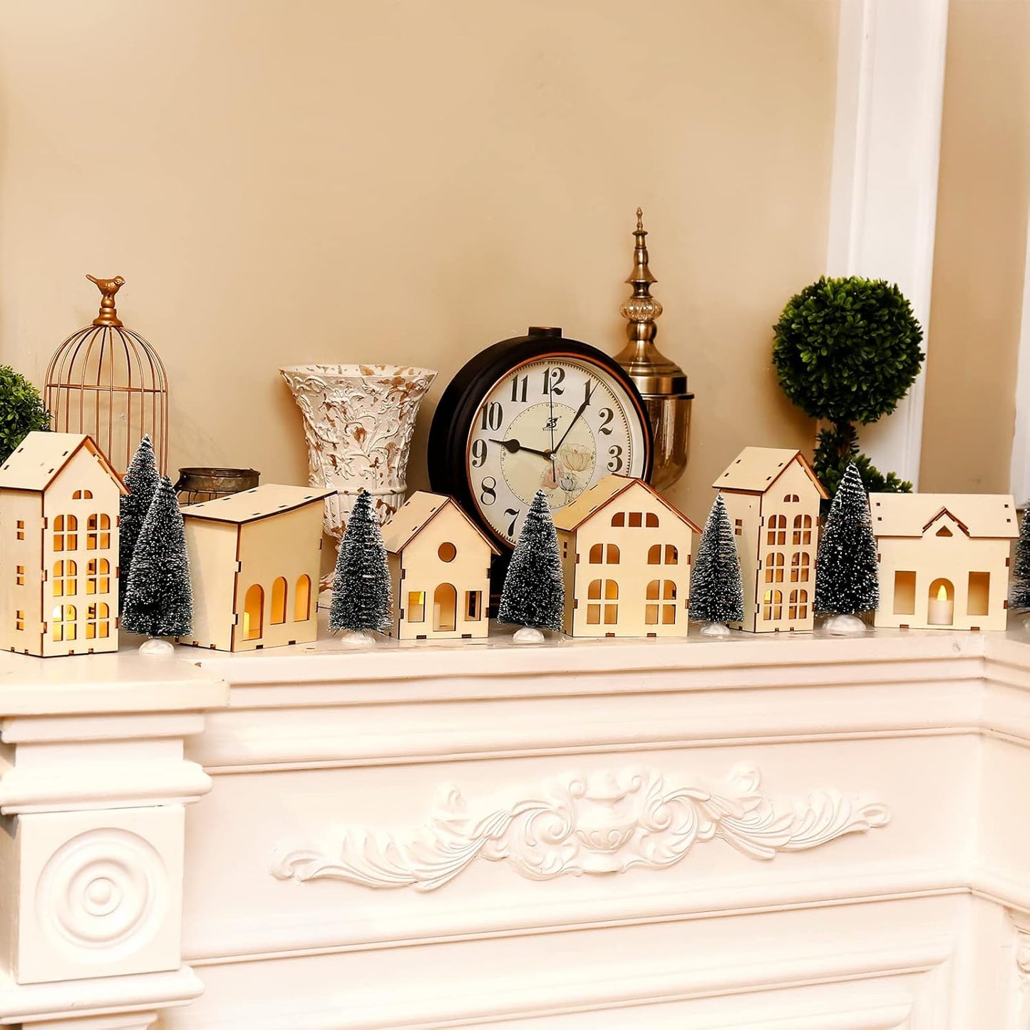 Regine Switzerland Christmas Village Set - 12 Unassembled Houses with 6 LED Candle Lights | Festive Ornaments for Holiday Decor