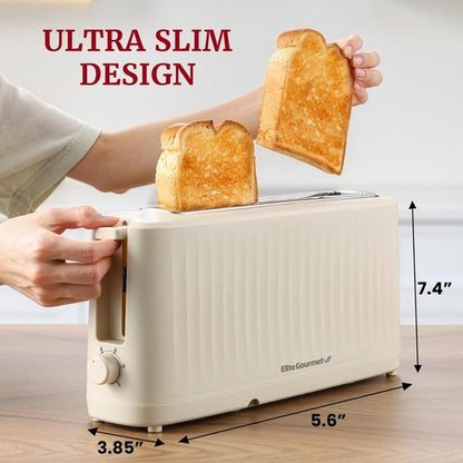 Elite Gourmet SLIMTOAST™ 2-Slice Long Slot Toaster - Cool-Touch Body & 6 Toast Settings | Extra Wide 1.5” Slot in Cremello