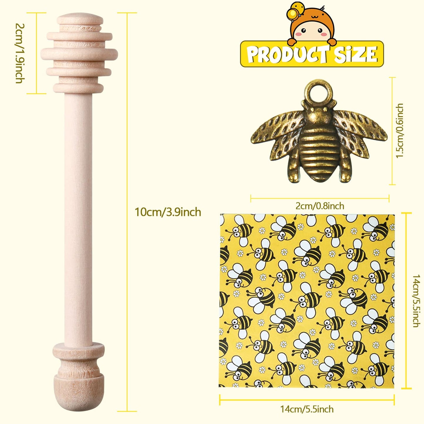 50 Pieces 3 Inch Wooden Honey Dipper Sticks Set Honey Dipper Sticks 50 pieces Honeybee Charm Pendants 50 pieces Decorative Bee Wrapping Paper with 30 Meters Jute Hanging Rope for Honey Jar DIY Crafts