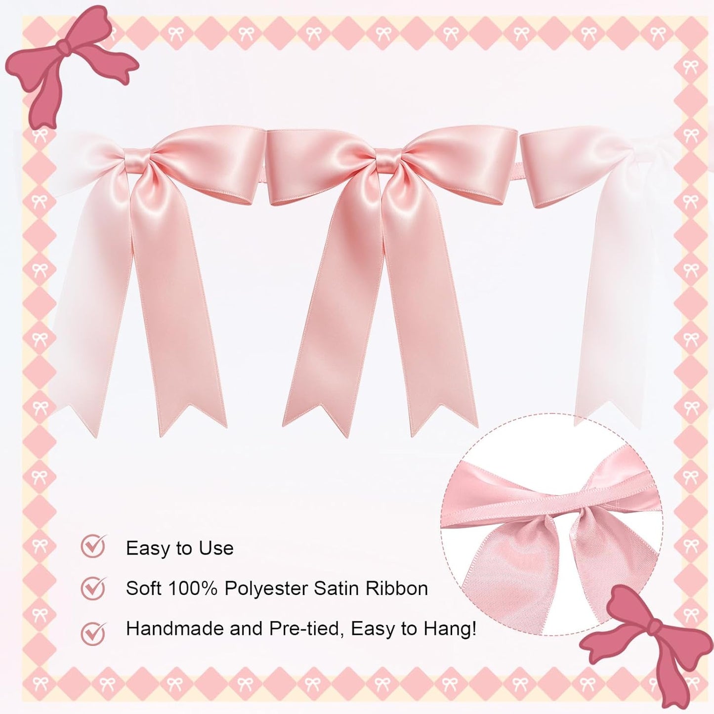 Skiennix Pink Bow Garlands - 16PCS Pre-Strung Satin Ribbon Ornaments for Parties & Celebrations