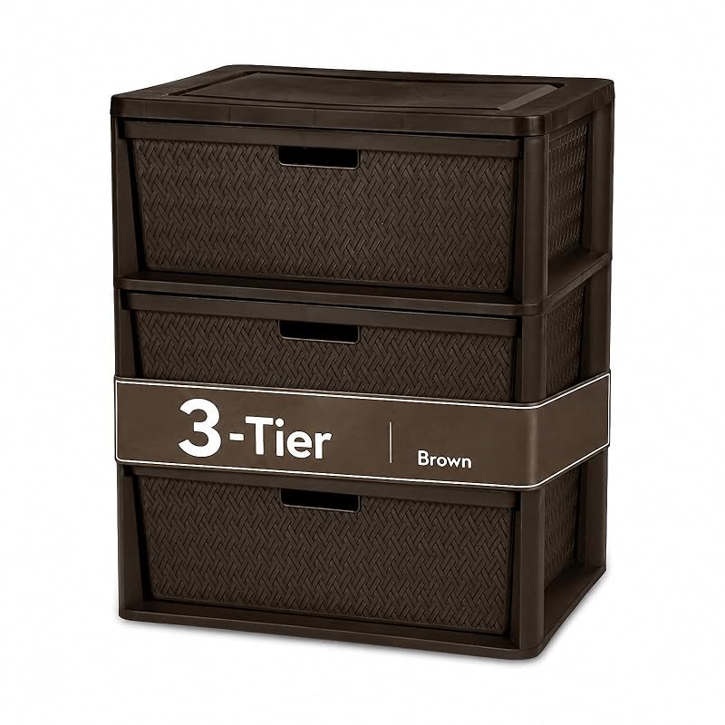 Wide 3-Drawer Decorative Organizer Chest Brown – Cross-Weave Storage Tower