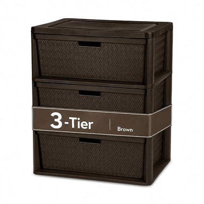 Wide 3-Drawer Decorative Organizer Chest Brown – Cross-Weave Storage Tower