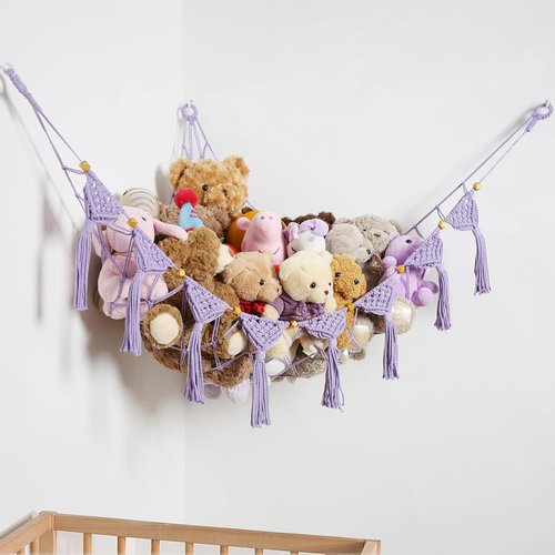 Amdermi Boho Nursery Stuffed Animal Net or Hammock Plush Toy Storage Net Kid's Playroom Hanging Organizer Stuffed Animal Display Plushes Holder for Teddy Net Corner Hanging Net Purple