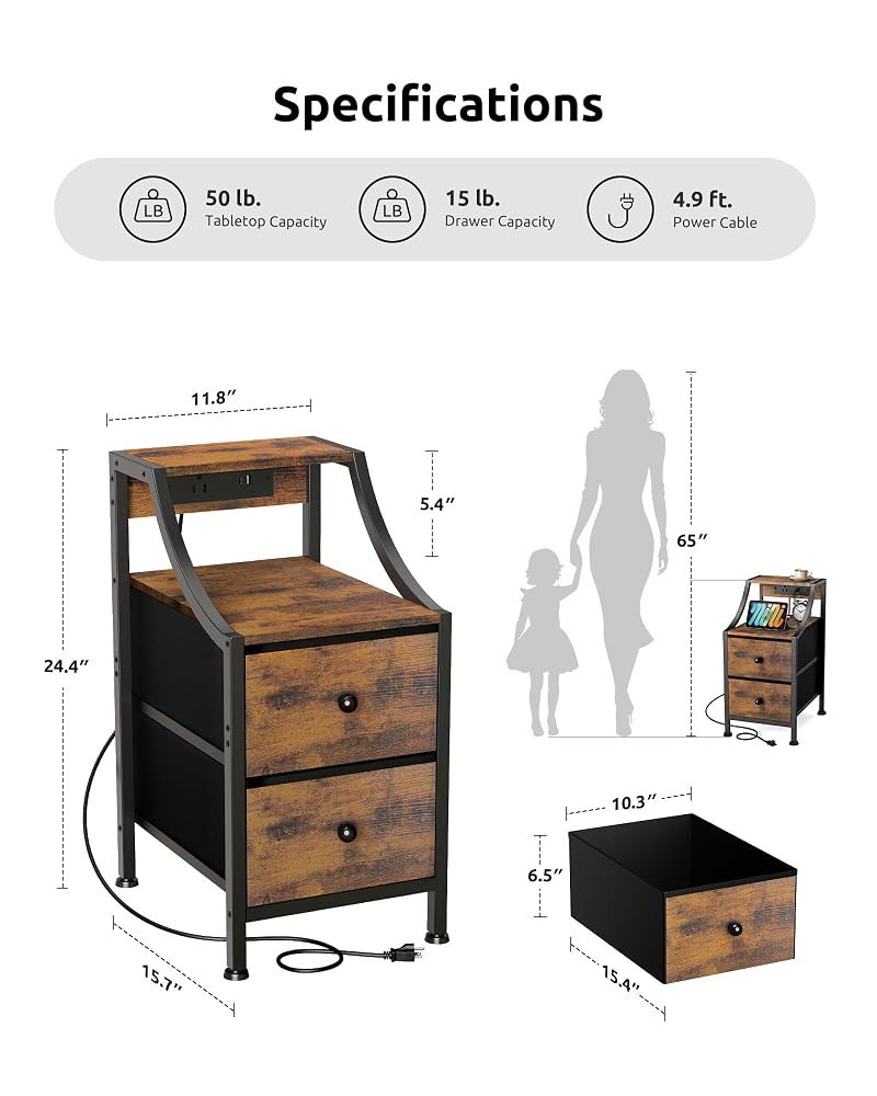 Narrow Nightstand with Charging Station - Rustic Brown - 11.8" Wide