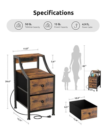Narrow Nightstand with Charging Station - Rustic Brown - 11.8" Wide