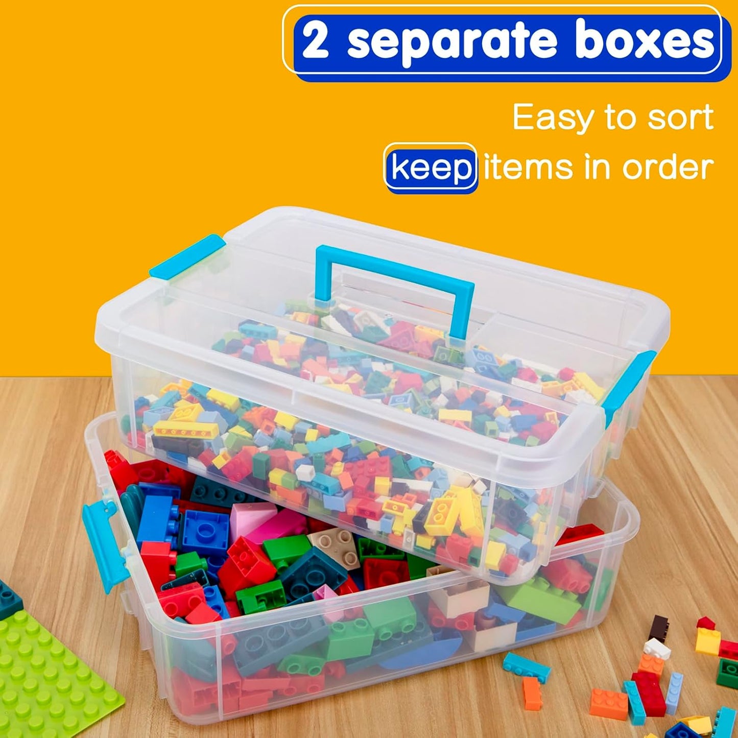 TERGOO Clear Plastic Storage Containers - 2 Layer Stackable Organizers for Crafts, Makeup & More | Portable Blue Bins