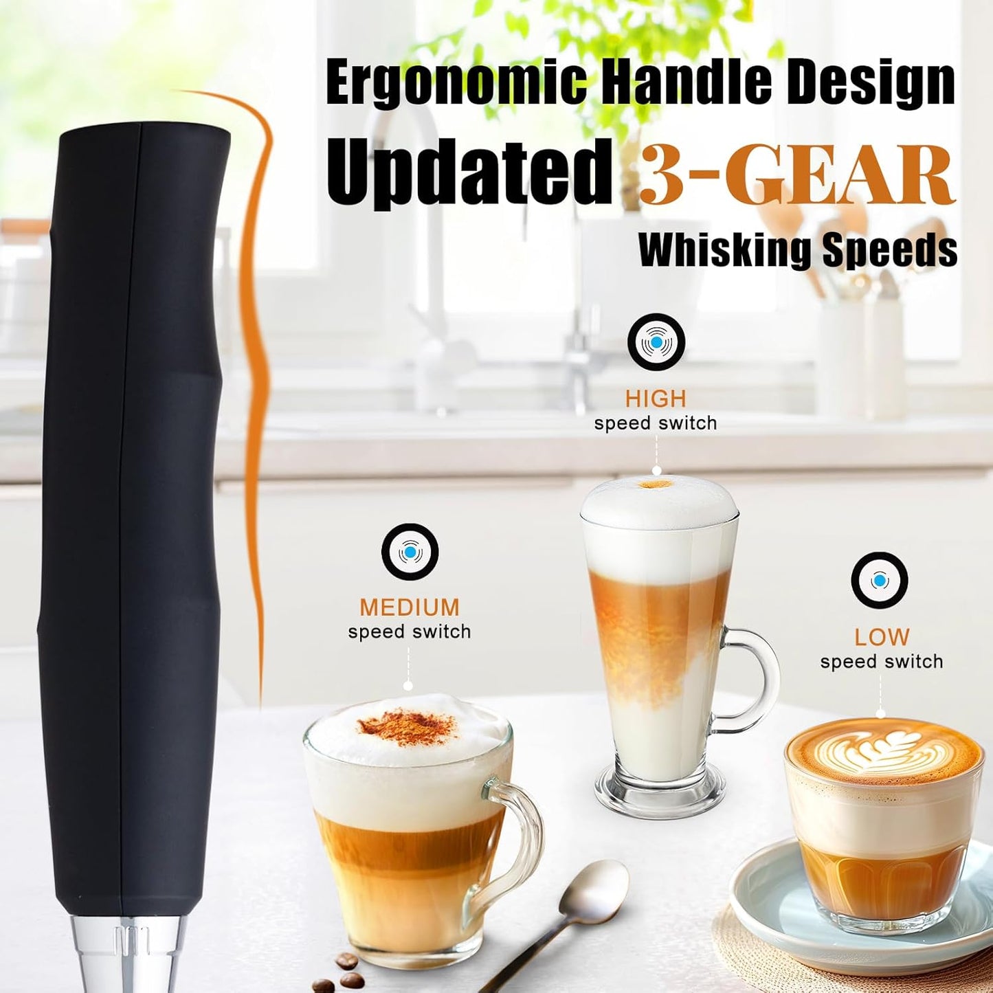 Nahida Black Milk Frother - Handheld Electric Whisk with 3 Speed Settings & 3 Heads for Lattes, Cappuccinos & More