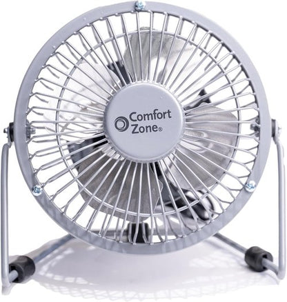 Comfort Zone Mini Desk Fan - High Velocity 4-Inch All-Metal USB Fan with 360° Tilt & Quiet Operation | Portable for Home & Travel