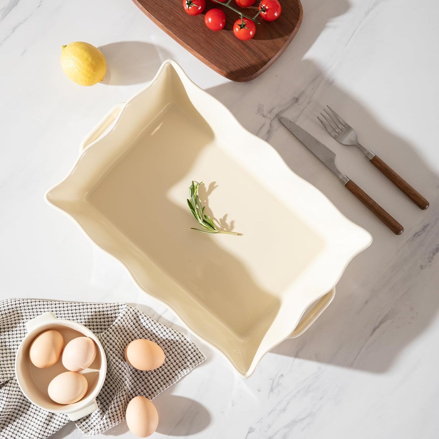 Sweejar Casserole Dishes - Ceramic 9x13 Baking Dish with Handles | Wave Edge Design for Roasting & Baking (Beige)