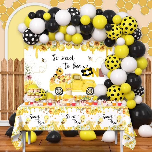 AIBIIN Bee 1st Birthday Party Supplies First Bee Day Decorations Tablecloth Set Bee Balloon Wreath Kit And Arch -1st Bee Birthday So Sweet To Bee One Banner Birthday Party For Boys Girls Photo Props
