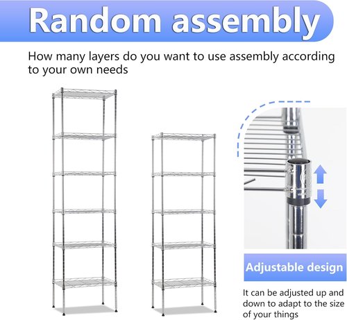 BestOffice | 6-Tier Wire Storage Shelves | Heavy-Duty Metal | 17x12x64 | Chrome Finish | Easy No-Tool Assembly