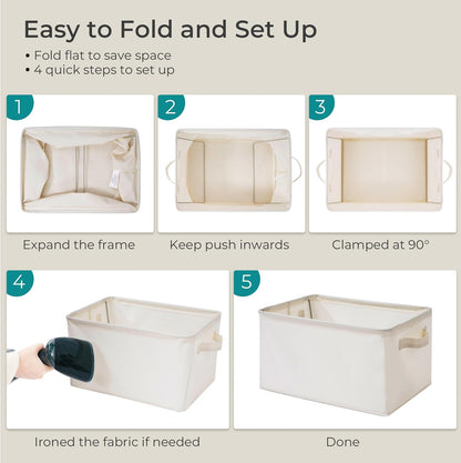 Storage Basket Bins - Large Collapsible Fabric Organizers with Metal Frame | 3-Pack Beige for Home & Office