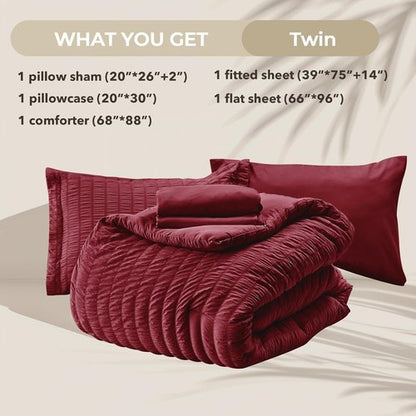 HYMOKEGE Burgundy Twin Comforter Set - 5-Piece All-Season Luxury Bedding Set with Sheets & Pillowcase