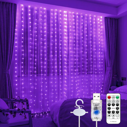 Skiennix Purple Curtain Light - 300 LED Fairy String Lights with Remote Control | 9.8ft x 9.8ft, 8 Modes