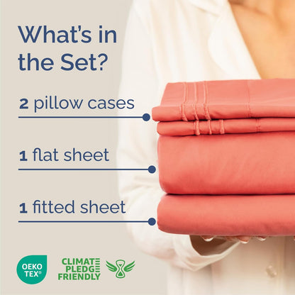Queen Size 4 Piece Sheet Set - Ultra-Soft Cooling Bed Sheets | Hotel Luxury Bedding in Coral