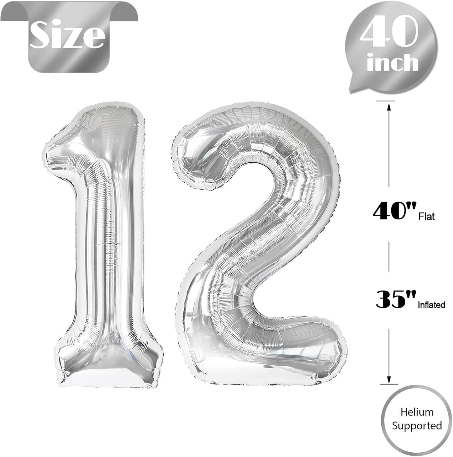 Silver Number 12 Balloon - 40 Inch Giant Foil Balloon for 12th Birthday Party Decorations