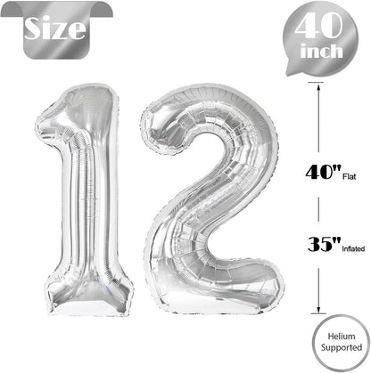 Silver Number 12 Balloon - 40 Inch Giant Foil Balloon for 12th Birthday Party Decorations