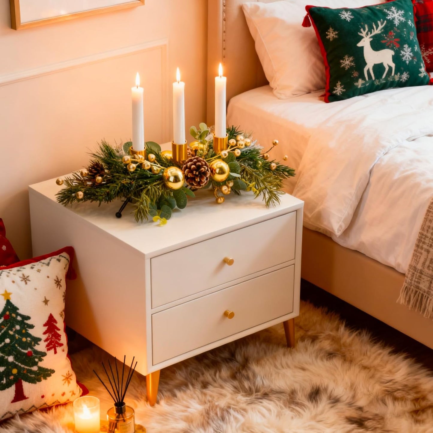 MrMrKura Christmas Tabletop Centerpiece - 3 Candle Holders with Pine Cones & Red Berries | Gold Decor for Dining Room