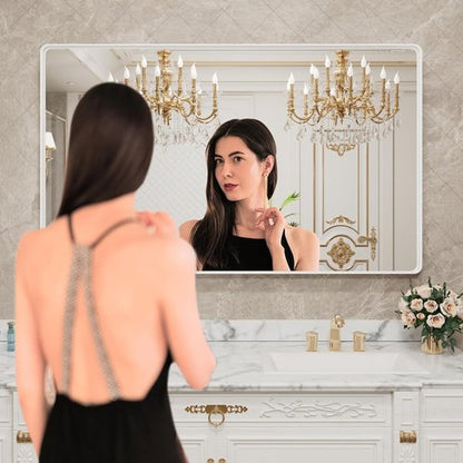 LOAAO White Metal Framed Bathroom Mirror - Large Rounded Rectangle, Anti-Rust, 50x30 Inch, Versatile Hanging Options