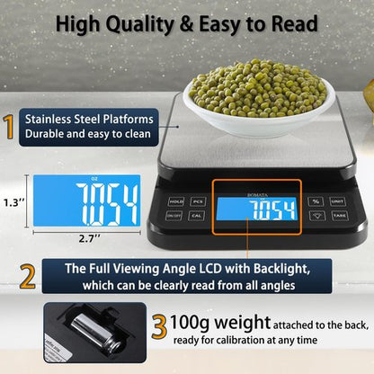 BOMATA Large Kitchen Scale - High Precision 0.1g/0.001oz | USB Rechargeable, Stainless Steel, 5kg/11lb Capacity
