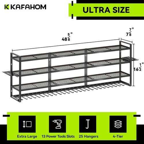 KAFAHOM Power Tool Organizer - Wall-Mounted 13 Drill Holder with 4 Layers & 2 Accessories | Ideal Gift for Men