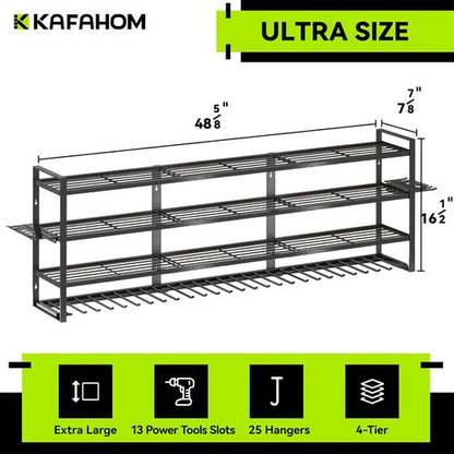 KAFAHOM Power Tool Organizer - Wall-Mounted 13 Drill Holder with 4 Layers & 2 Accessories | Ideal Gift for Men