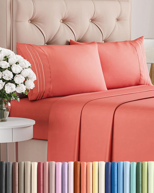 Queen Size 4 Piece Sheet Set - Ultra-Soft Cooling Bed Sheets | Hotel Luxury Bedding in Coral