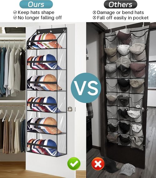 AOODA Clear Over The Door Hat Rack - Large Organizer for Up to 72 Baseball Caps | Black with 3 Hooks