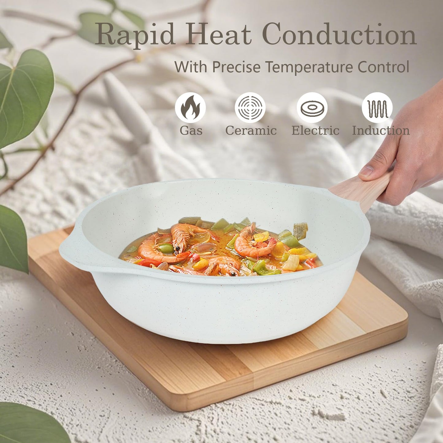 Ucclife 10pcs Pots and Pans Set Nonstick, Granite Frying Pans Induction Kitchen Cookware Sets, with Wood Print Handles Frying Pans, Saucepans, Steamer Shovel Spoon, Beige