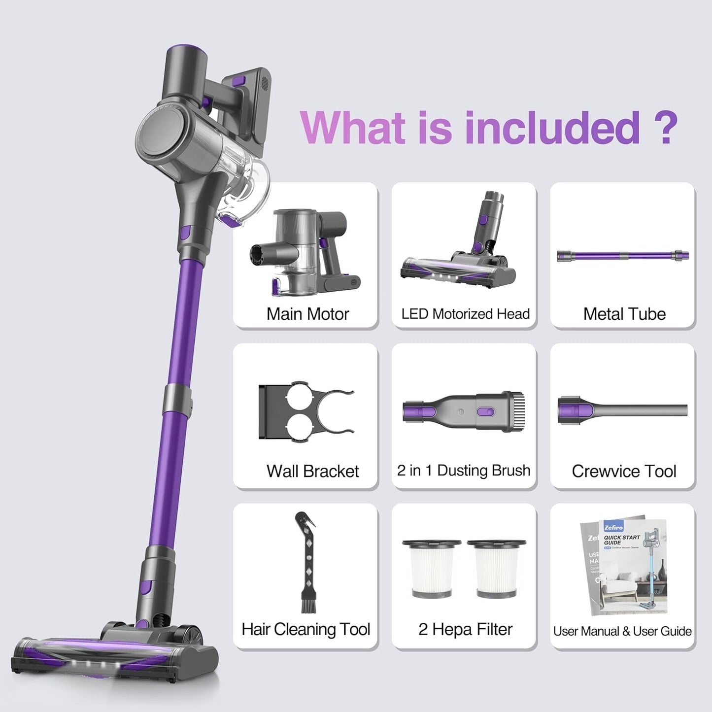 Zefiro Cordless Vacuum Cleaner - 450W Power, 50-Minute Runtime, 1.5L Dust Cup | Ideal for Pet Hair & Carpets
