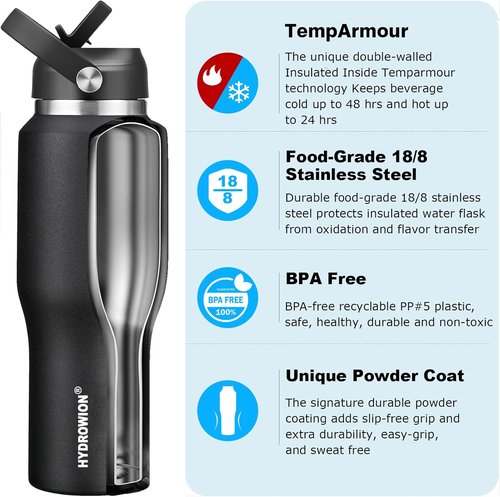 HYDROWION 32oz Stainless Steel Water Bottle - Double Wall Vacuum Insulated | Keeps Drinks Cold for 48 Hrs & Hot for 24 Hrs - Black