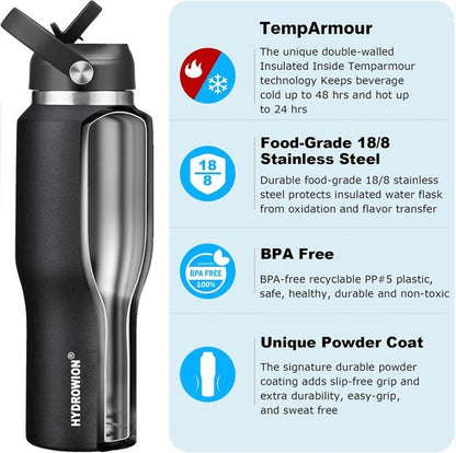 HYDROWION 32oz Stainless Steel Water Bottle - Double Wall Vacuum Insulated | Keeps Drinks Cold for 48 Hrs & Hot for 24 Hrs - Black